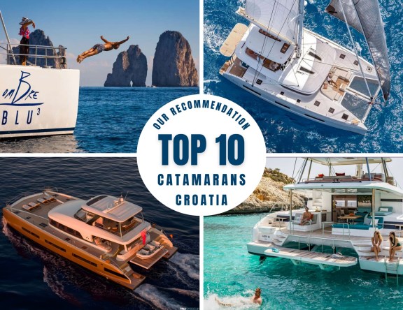 Featured Image - Top 10 Croatian Charter Catamarans. 4 photos of catamrans with text in the middle