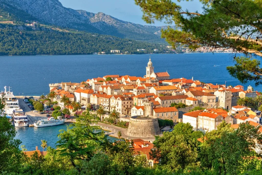 Korcula Town seen from the hillside, with the Peljesac channel behind