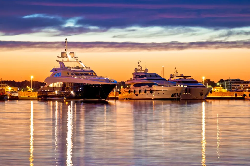Yachts in Zadar harbour at golden hour, Croatia