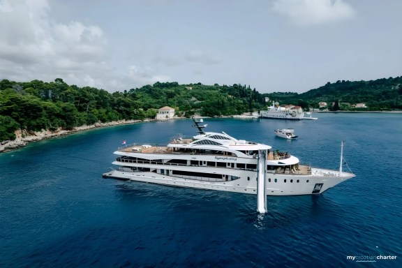 Croatia Luxury Yacht Charter, Symphony on anchor with inflatable waterslide out