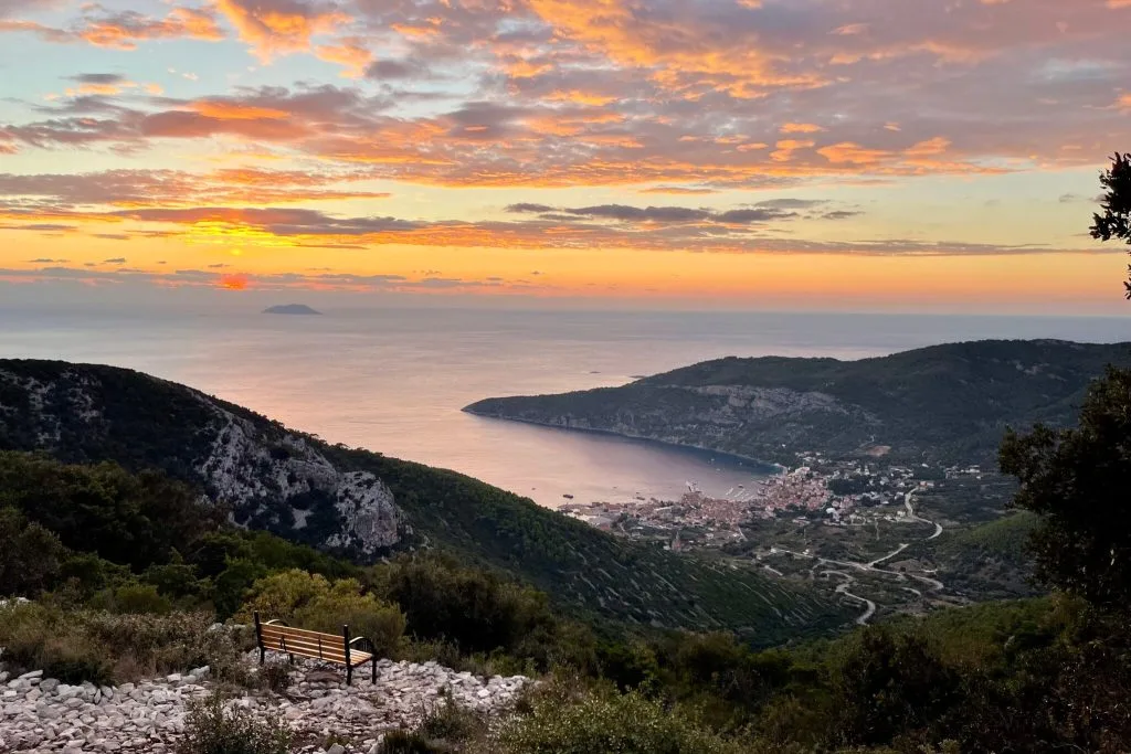 Sunset view over Komiža town on Vis Island, Croatia