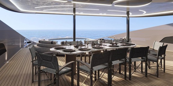 BELLO Luxury Charter Yacht Custom 54M Aft Deck Dining Area