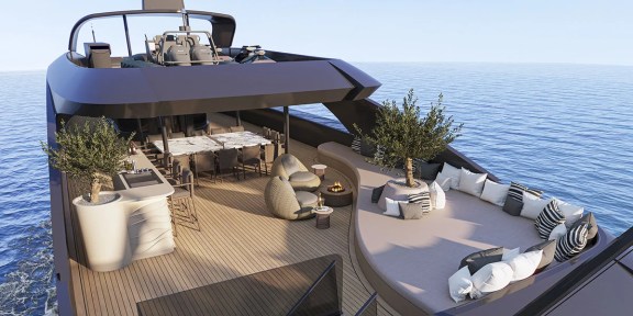 BELLO Luxury Charter Yacht Custom 54M Aerial View Sundeck Seating