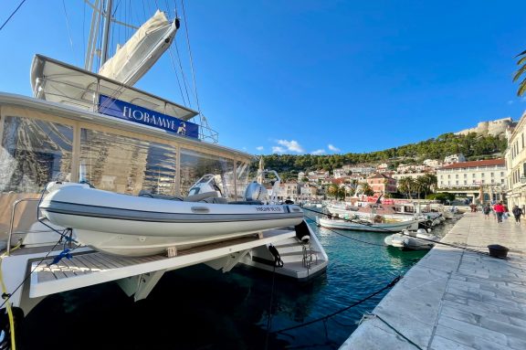 Catamaran FLORAMYE docked in Hvar