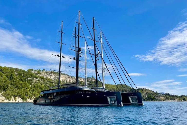 Superyachts REPOSADO, SCORPIOS and CLASE AZUL rafted up on acnhor outside Split
