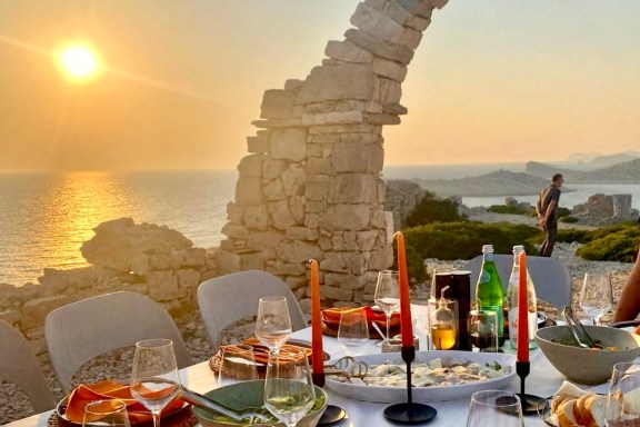 Luxury yacht Lady Gita's sunset dinner on top of Mana Island, Croatia