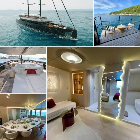 Image grid of modern luxury motorsailer Reposado