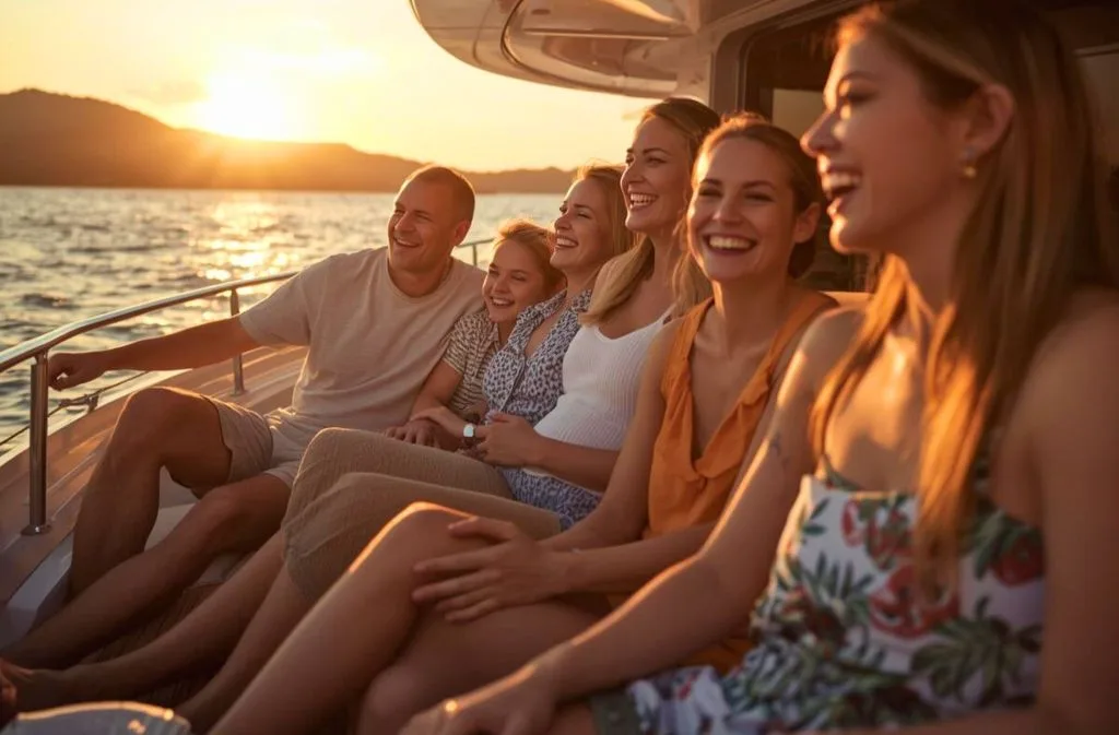 Multigenerational family watching the sunset from a luxury yacht in Croatia