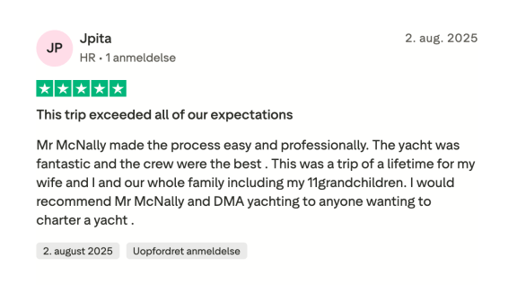 TrustPilot review from Jpita reviewing DMA Yachting and William Mc Nally family yacht charter with 11 grandchildren. 5 stars