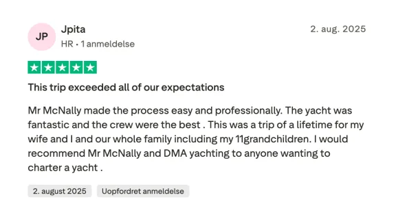 TrustPilot review from Jpita reviewing DMA Yachting and William Mc Nally family yacht charter with 11 grandchildren. 5 stars