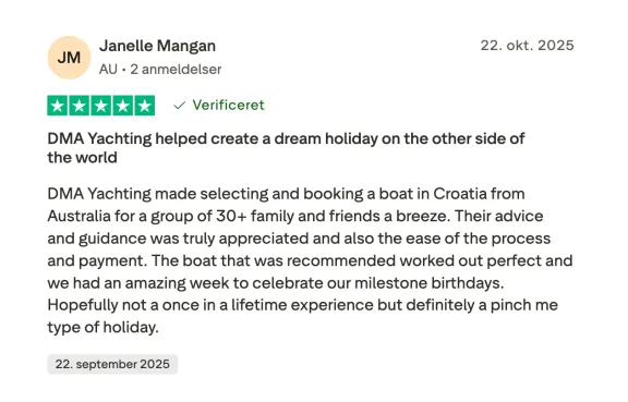 Trustpilot review from Janelle Mangan reviewing DMA Yachting family yacht charter in Croatia