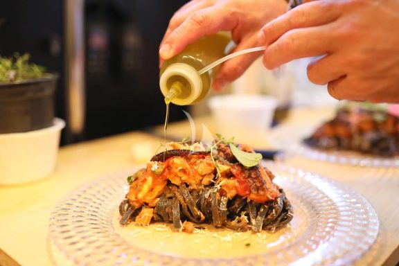 Pasta with schrims in creamy sauce
