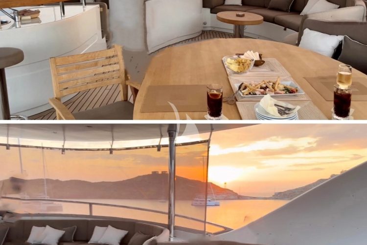 A large beige tent can be placed on the front of the sundeck offering protection from the sun and the wind, making the sundeck an amazing place to enjoy all day and night, even during the windier and colder days.