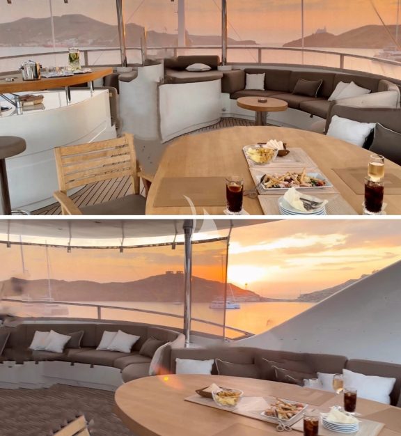 A large beige tent can be placed on the front of the sundeck offering protection from the sun and the wind, making the sundeck an amazing place to enjoy all day and night, even during the windier and colder days.