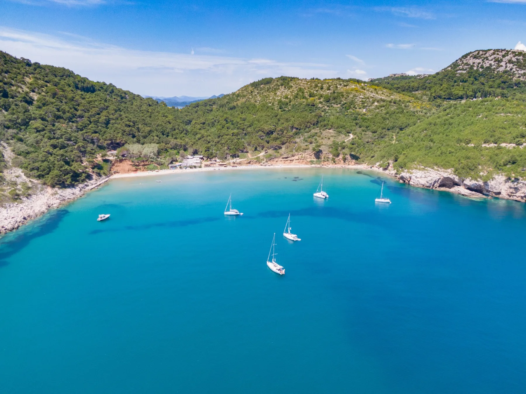Aerial view of Šunj bay on Lopud with yachts at anchor
