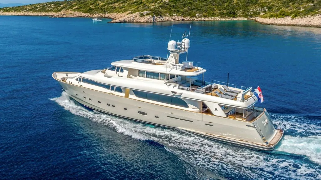 KLOBUK, a 101 foot Ferretti refitted in 2023, under way in Croatia