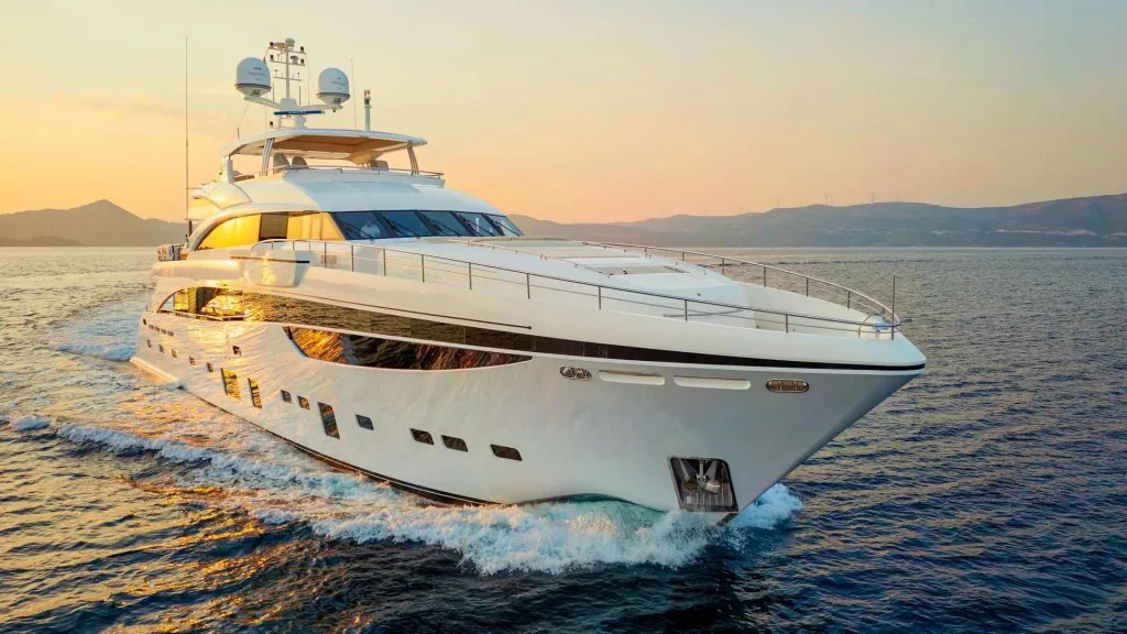 MIRAGE IV, a 2017 Princess of 131 feet, under way at sunset in Croatia