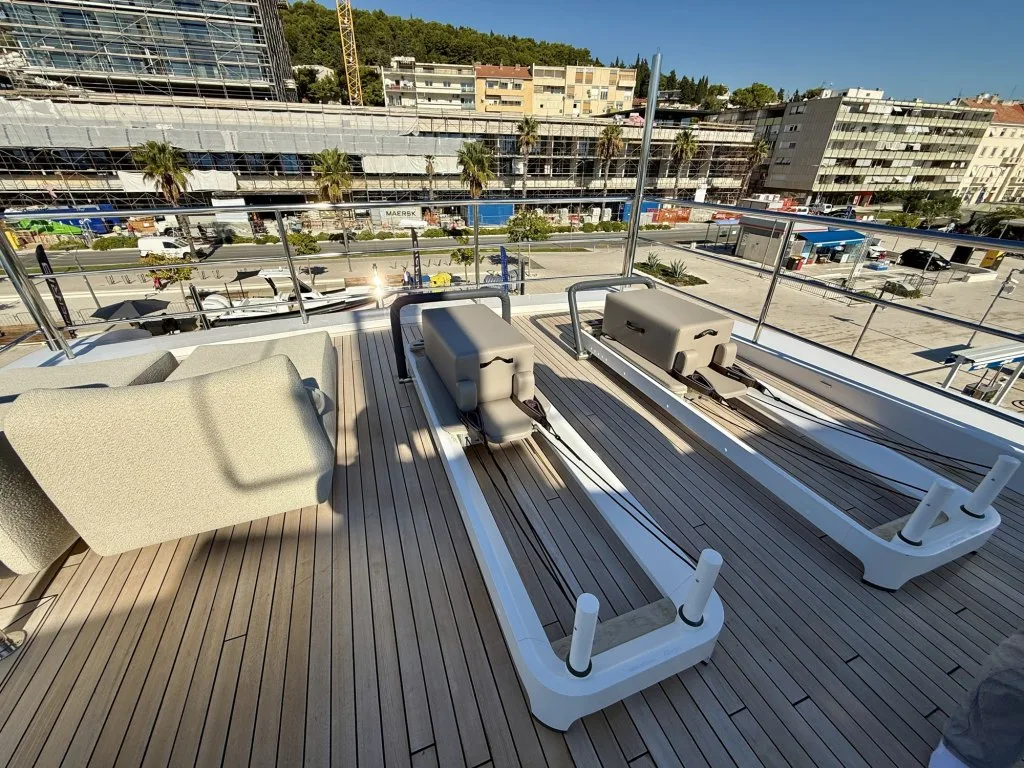 Two Pilates reformers set up on the sun deck of motor yacht RENATA, September 2026.