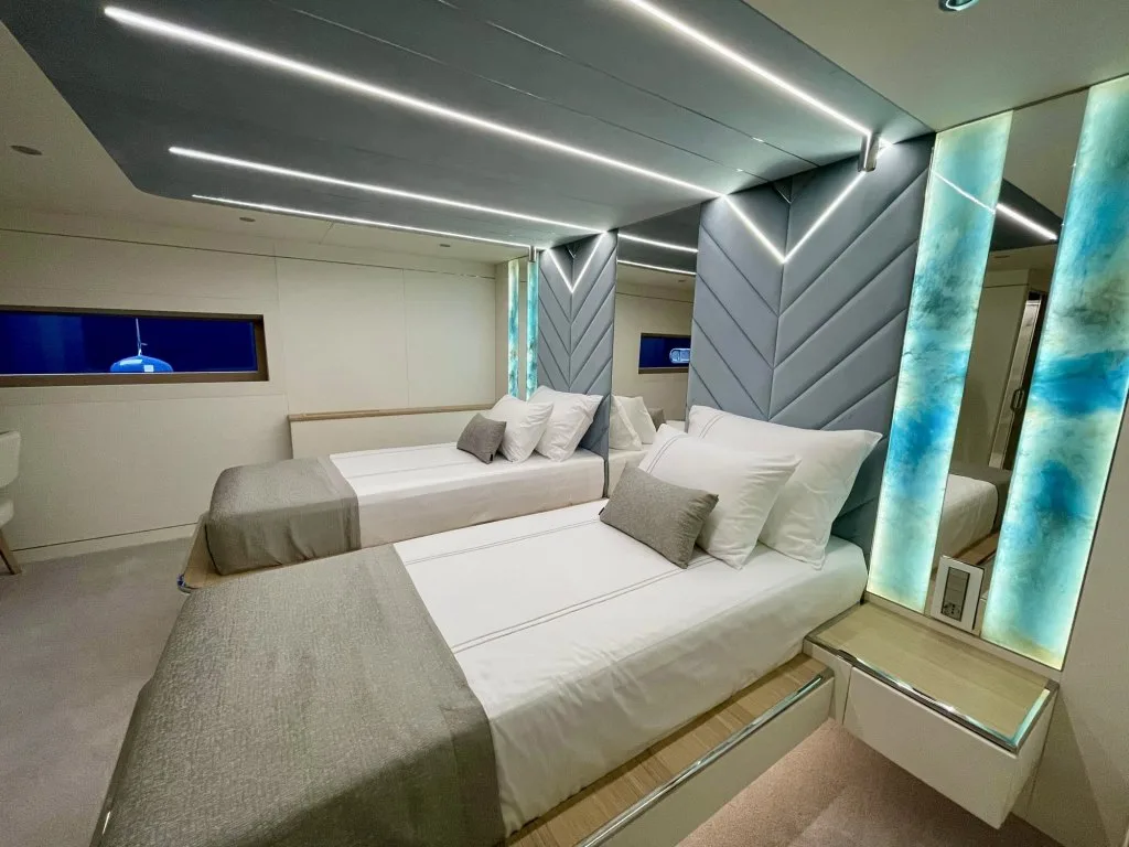 The convertible twin cabin on motor yacht RENATA, finished to the same standard as the doubles, September 2026.